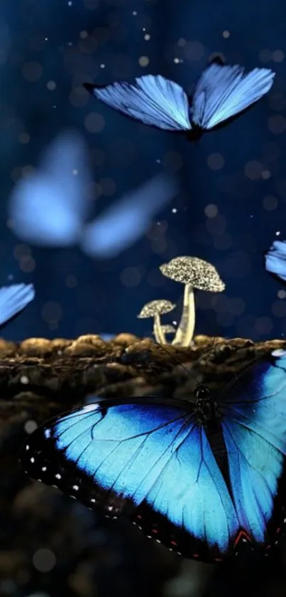 Blue butterflies under a starry night sky, near glowing mushrooms, creating a mystical vibe.