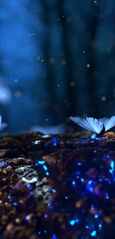 Enchanting blue butterflies glow in a dark forest setting, creating a mystical aura.