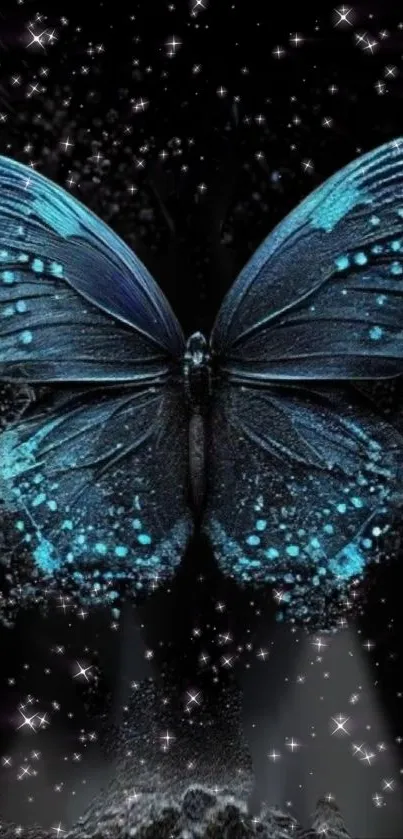 Mystical blue butterfly with a starry night background.