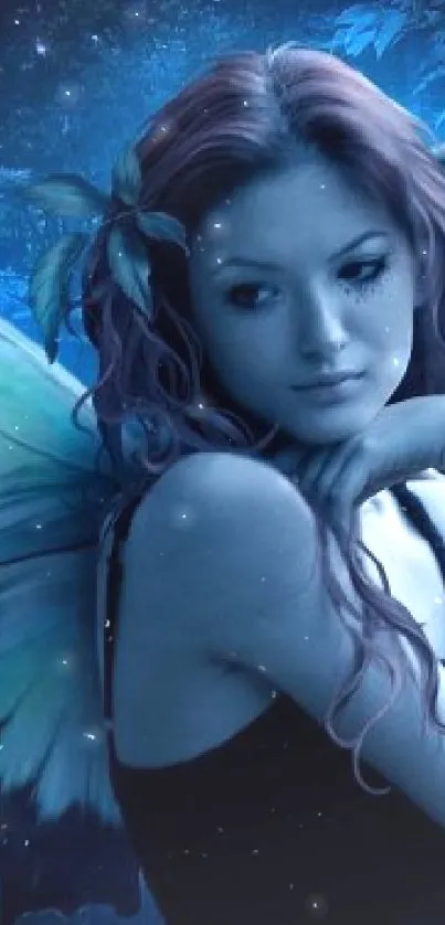 Mystical blue fairy with wings in a magical forest setting.