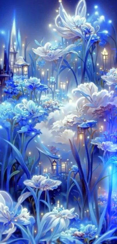 Enchanting blue floral fantasy wallpaper with glowing flowers.