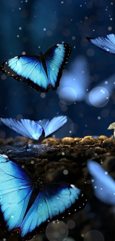 Blue butterflies flutter in a mystical forest at night.