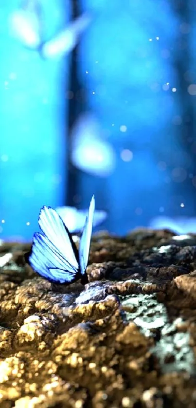 Blue butterflies and glowing mushrooms in an enchanted forest setting.