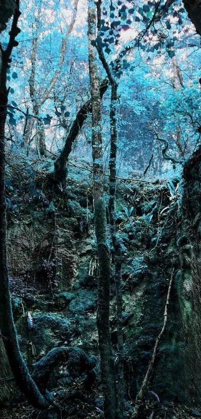 Enchanted blue forest with tall trees under vibrant sunlight.