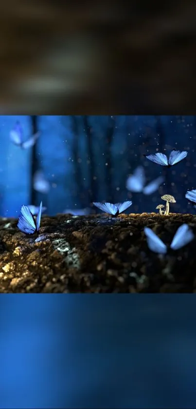 Blue forest wallpaper with glowing mushrooms and butterflies.