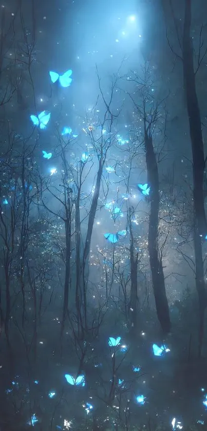 Glowing blue butterflies in a dark forest.