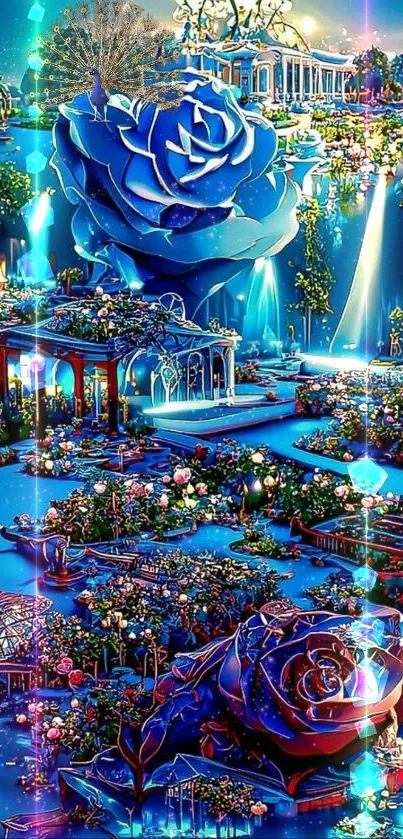 Blue garden fantasy art with vibrant colors and whimsical details.