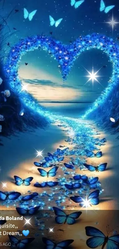 Enchanted wallpaper with blue heart and butterflies.