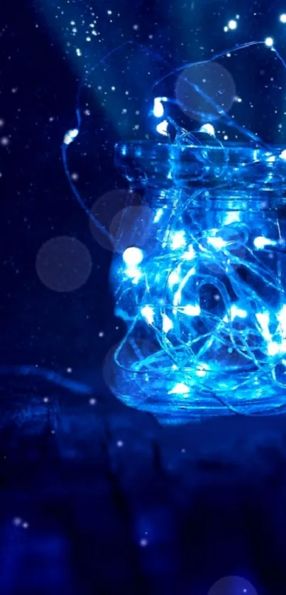 Enchanting blue jar with glowing fairy lights, casting a magical glow.