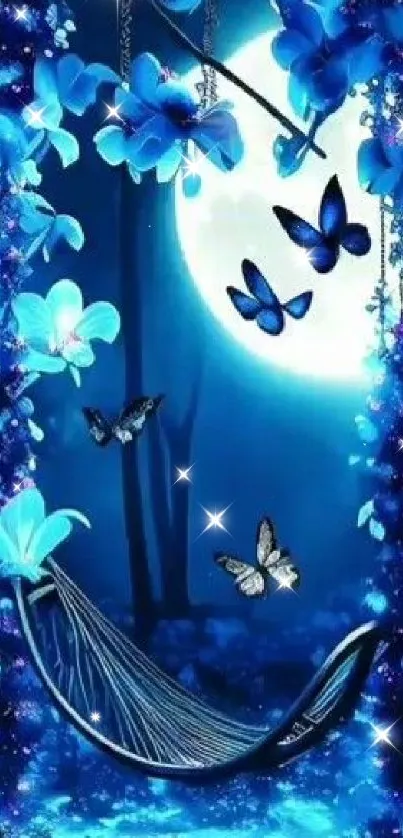 Moonlit forest with blue flowers and butterflies in a dreamy setting.