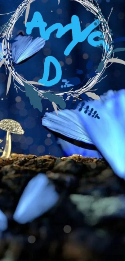 Blue mushrooms in a magical forest scene with luminous flowers.