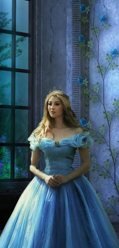 Princess in a blue gown near a mystical window and roses.