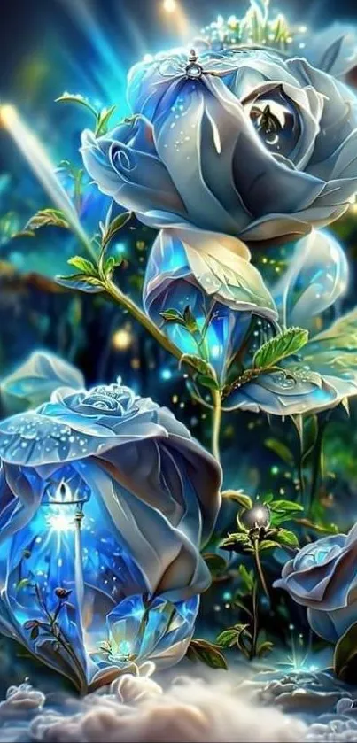 Glowing blue rose in a mystical fantasy scene.