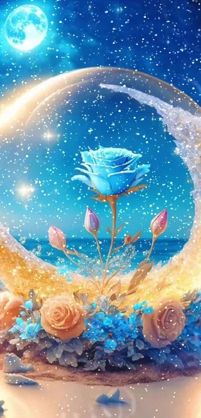 Enchanted blue rose in a moonlit fantasy scene with glowing elements.