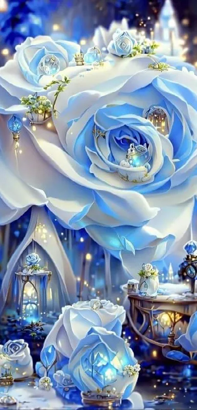 Enchanting blue rose in a fantasy realm, glowing with magical allure.