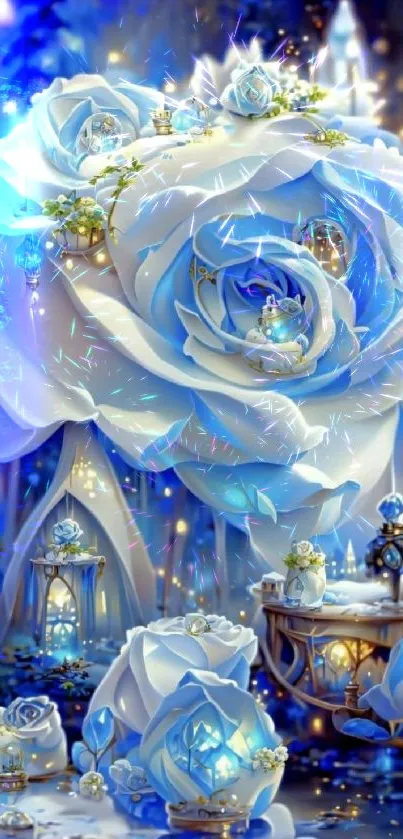 Enchanting blue rose fantasy wallpaper with glowing lanterns and a dreamy night setting.