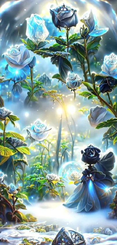 Fantasy wallpaper with glowing blue roses and a magical forest background.