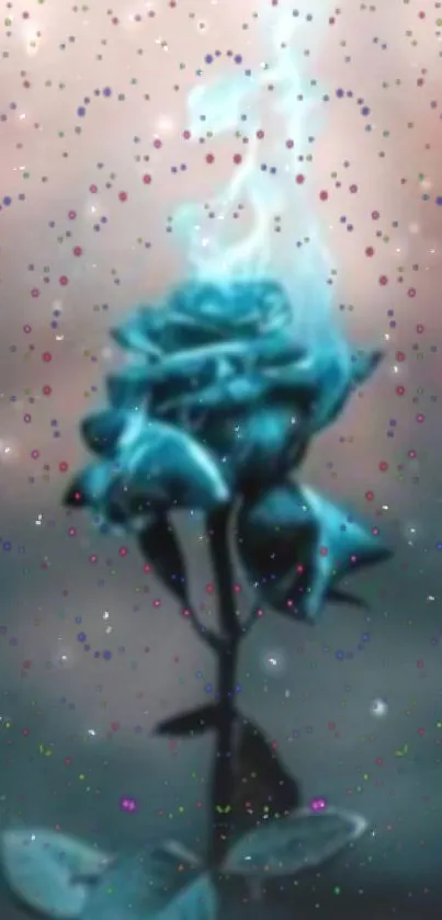 Surreal blue rose with smoke in a dreamy background.