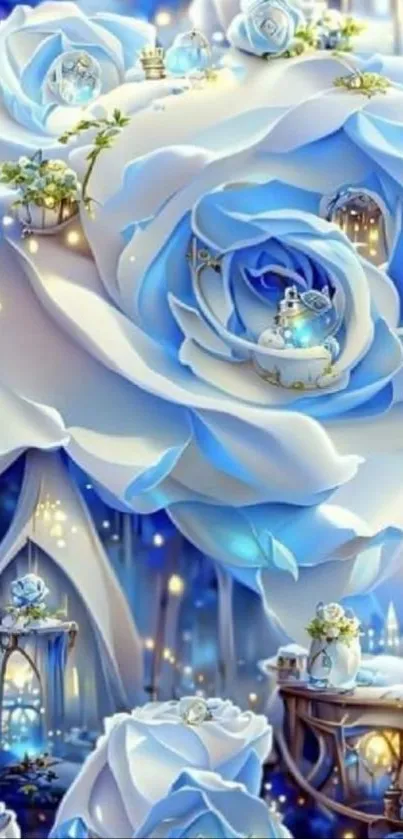 Mystical blue rose mobile wallpaper with enchanting lamps.