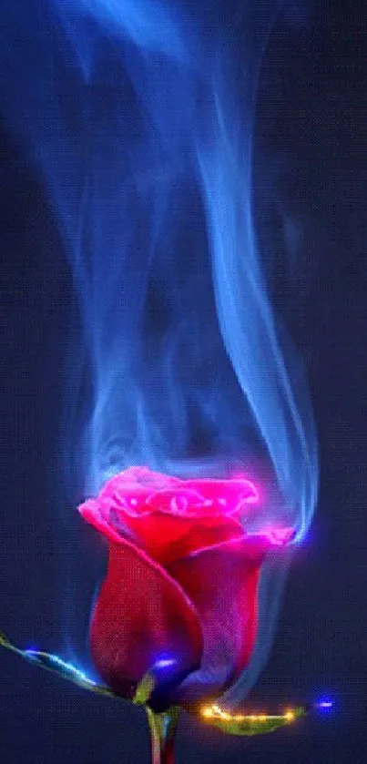 Mobile wallpaper with red rose and blue smoke.