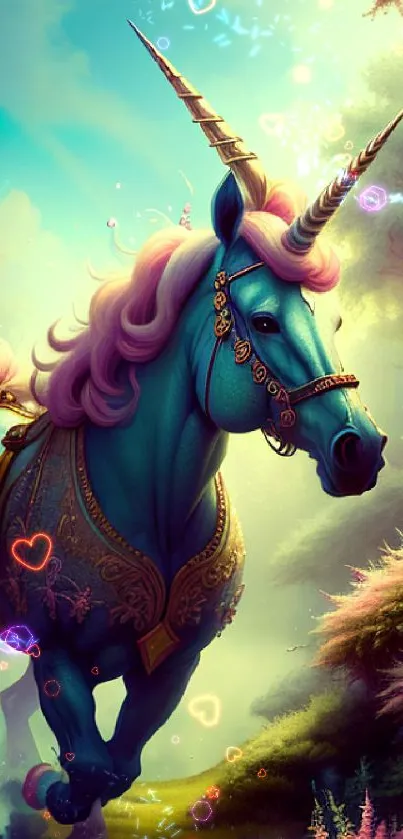 Blue unicorn in an enchanted forest fantasy wallpaper.