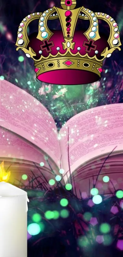 Fantasy wallpaper with book, crown, and candle glow.