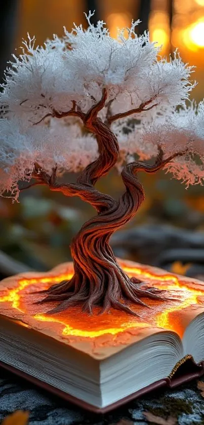 Magical tree growing from a glowing book in a sunset forest.