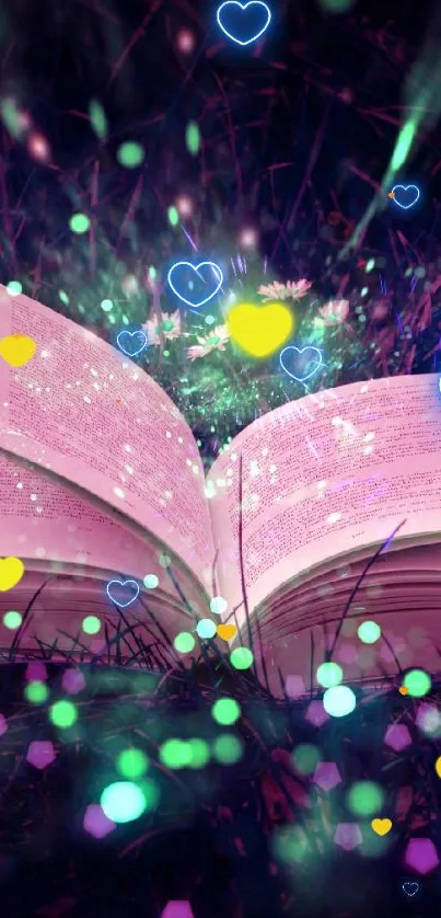 Open book with magical glowing lights on mystical grass, in fantasy style.