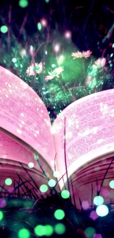 A magical open book glowing with enchanting lights on grass.