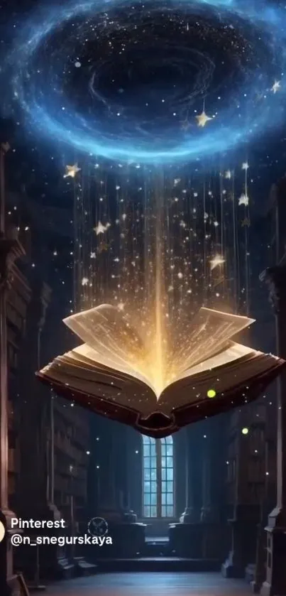 Enchanted book with cosmic stars in a mystical library.