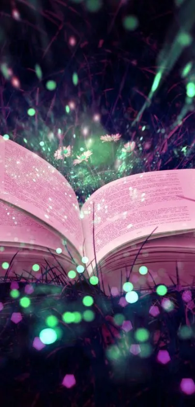 Enchanted open book glowing in a magical nature setting with purple hues.