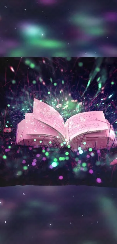 Enchanted open book glowing with magical lights on a dark mystical background.