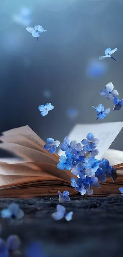 Open book with floating blue petals.