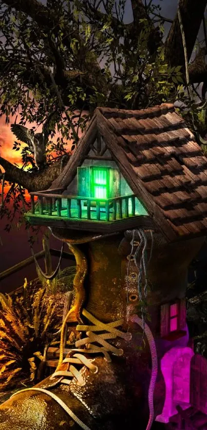 Magical boot house in a glowing, mysterious forest wallpaper.