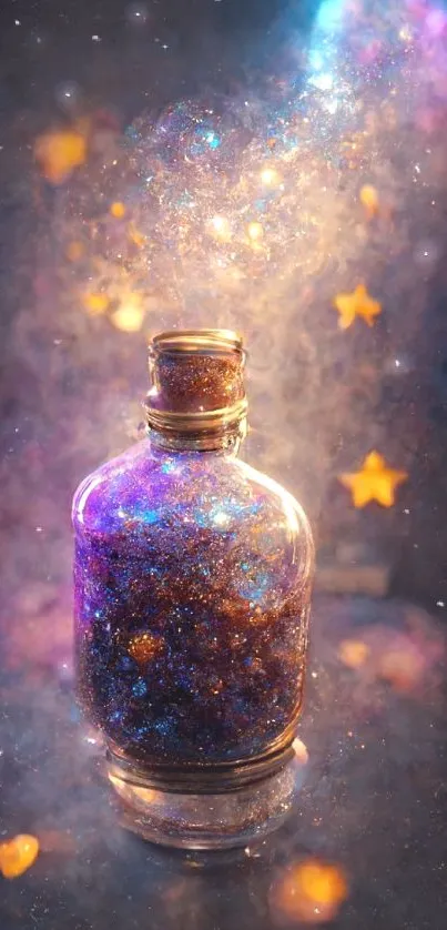 Magical bottle wallpaper with cosmic galaxy effect and stars.