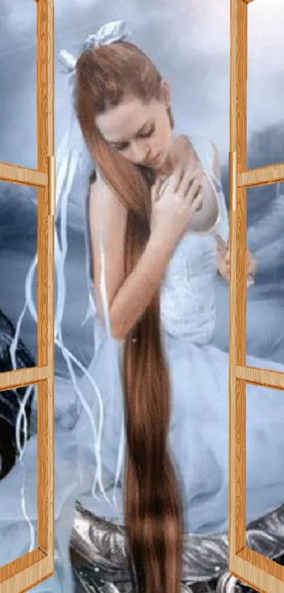 Enchanted bride with long hair beside open wooden doors.