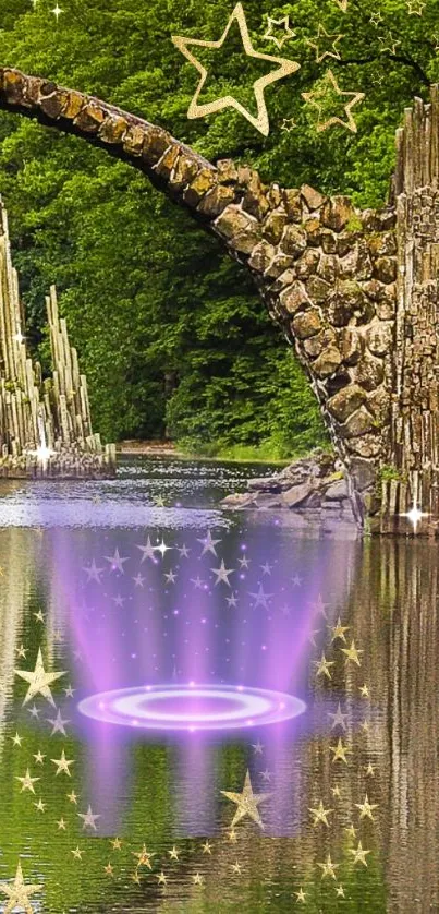 Fantasy bridge overriver with stars and magical glow.