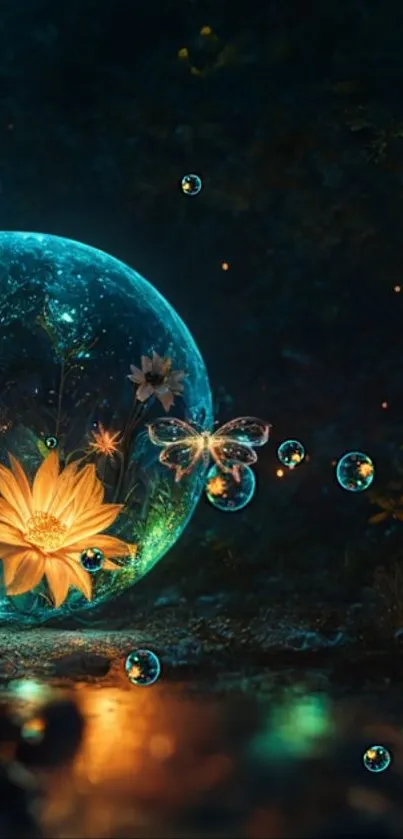 Enchanted bubble with glowing flowers and butterflies in a mystical setting.