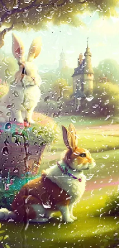 Whimsical garden with bunnies and a castle, in a lush green landscape.