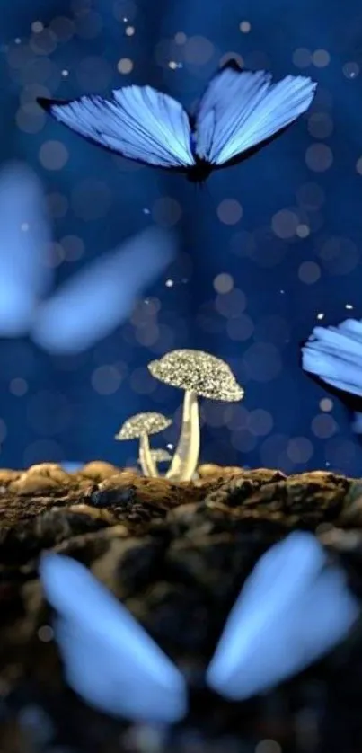 Enchanted forest with butterflies and glowing mushrooms wallpaper.