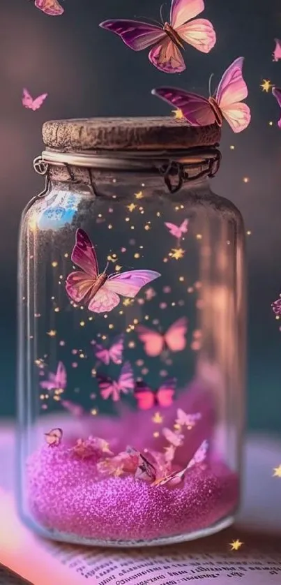 Magical butterflies glowing in a jar, surrounded by enchanting sparkles.