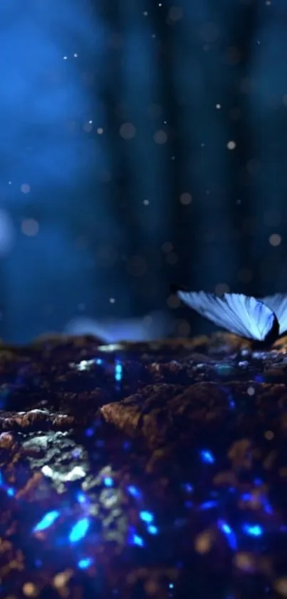 Enchanted butterflies glow in a mystic night scene with deep blue hues.