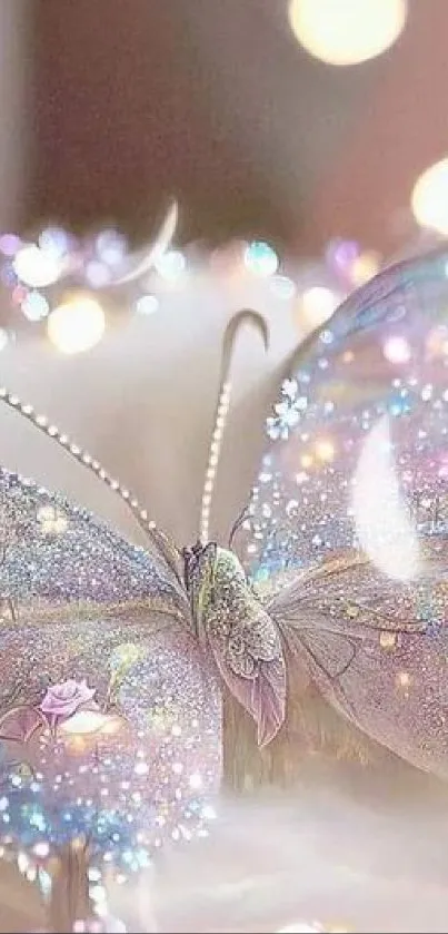 Glittering butterfly on a dreamy, pastel background with sparkles.