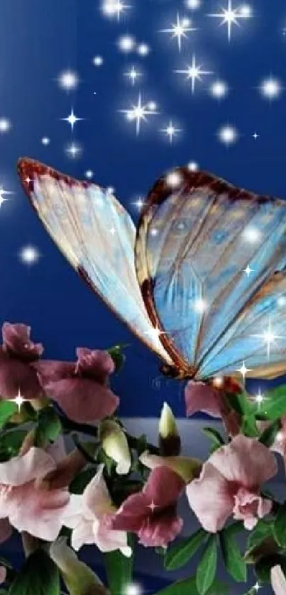 Butterfly on pink blossom against starry blue background.