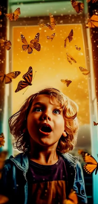 Amazed child surrounded by butterflies with orange glow.
