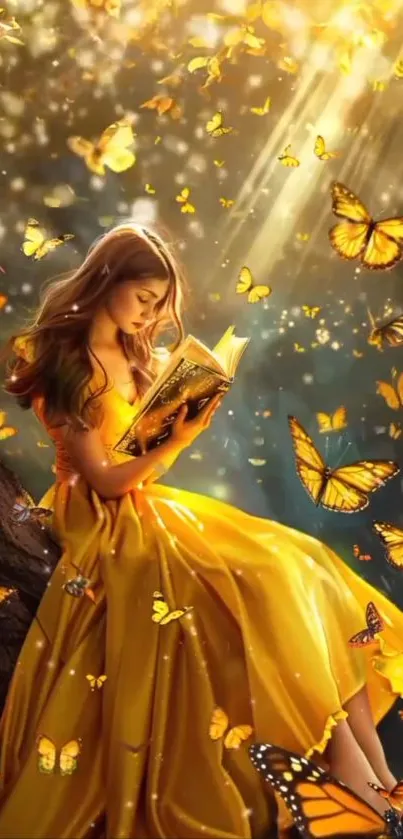 Girl in yellow dress reading with butterflies around.