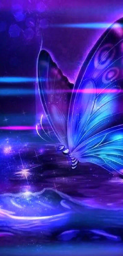 Magical neon butterfly in a dreamlike landscape.