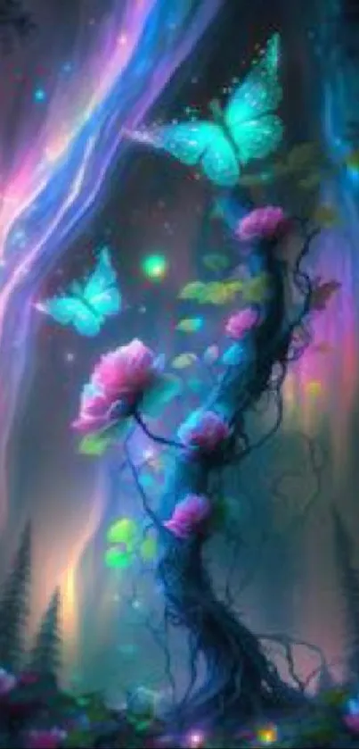 Enchanting wallpaper with blue butterflies and mystical flowers in a magical dreamscape.