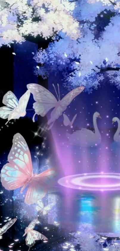 Magical butterflies and swans in a purple dreamscape.