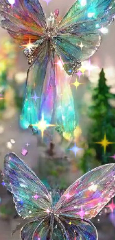 Iridescent butterflies glimmer in a mystical forest setting.